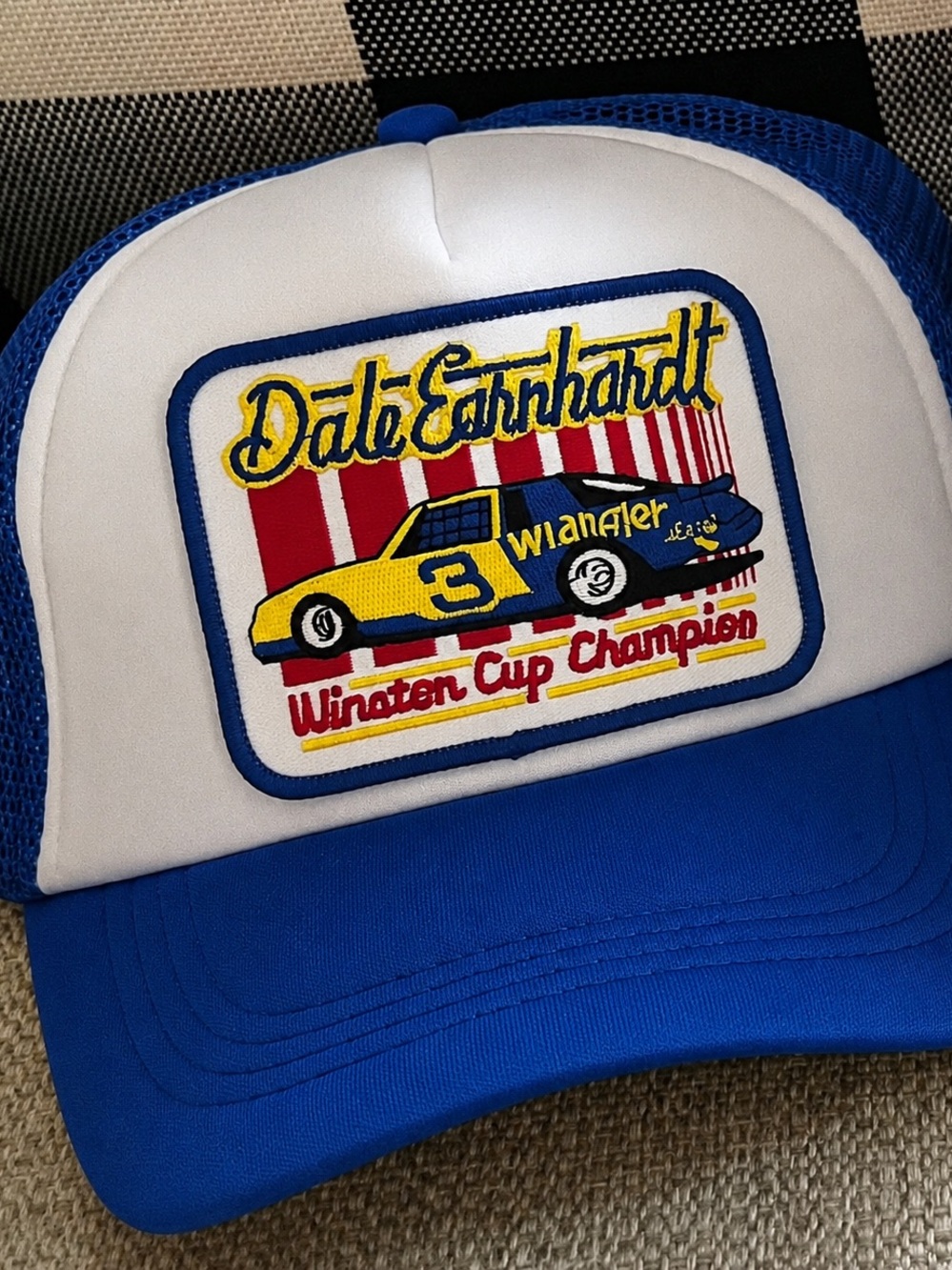 Amazon Blue and White Dale Earnhardt Trucker Hat with Yellow Accent
